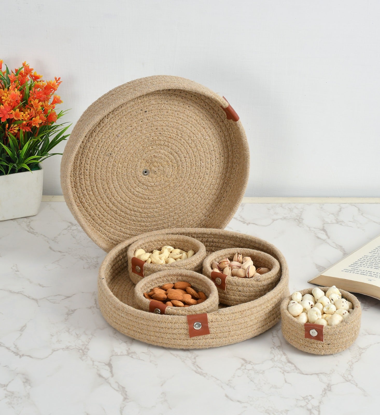 Round Jute Dry Fruits Tray with 4 Bowls