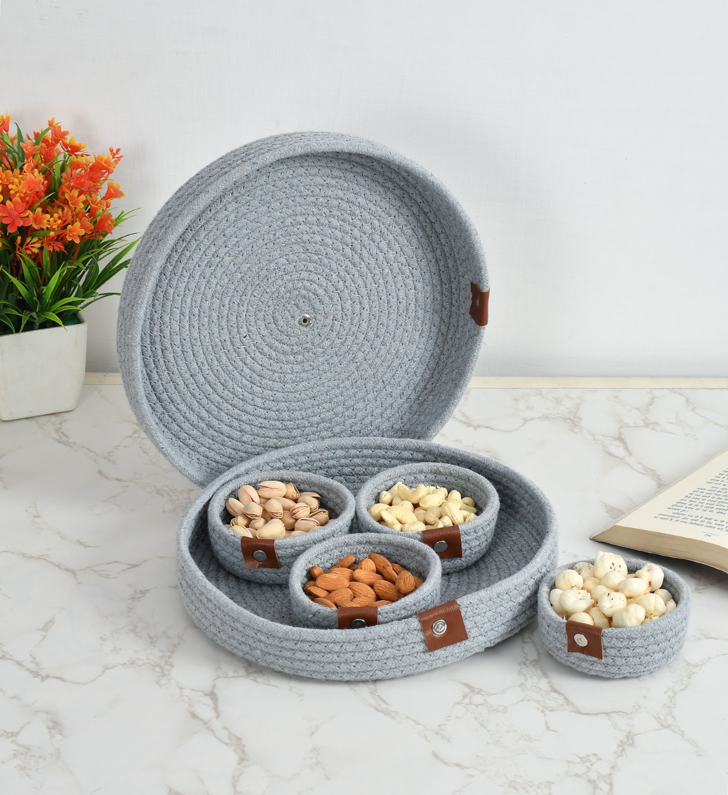 Round Jute Dry Fruits Tray with 4 Bowls