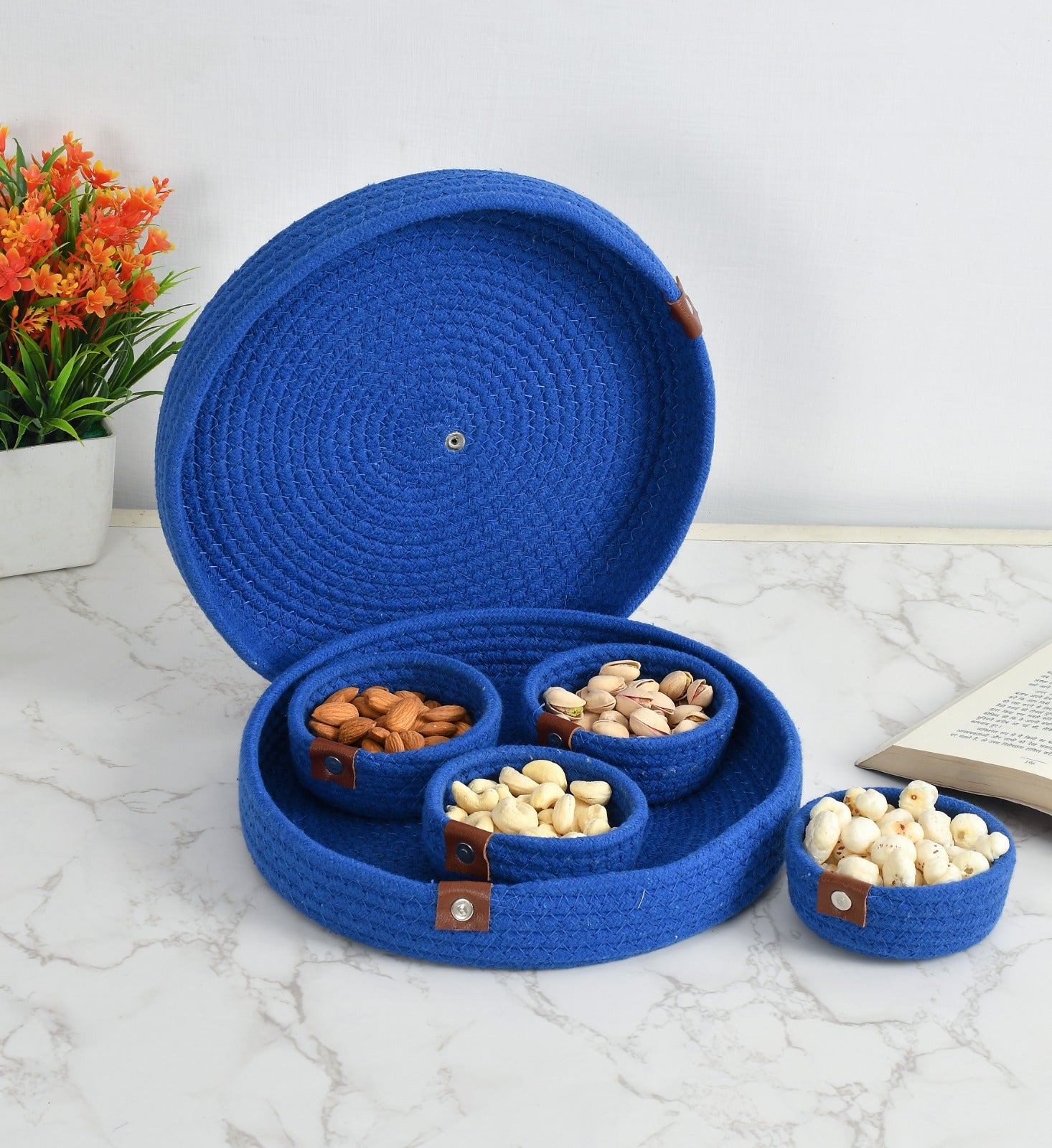 Round Jute Dry Fruits Tray with 4 Bowls