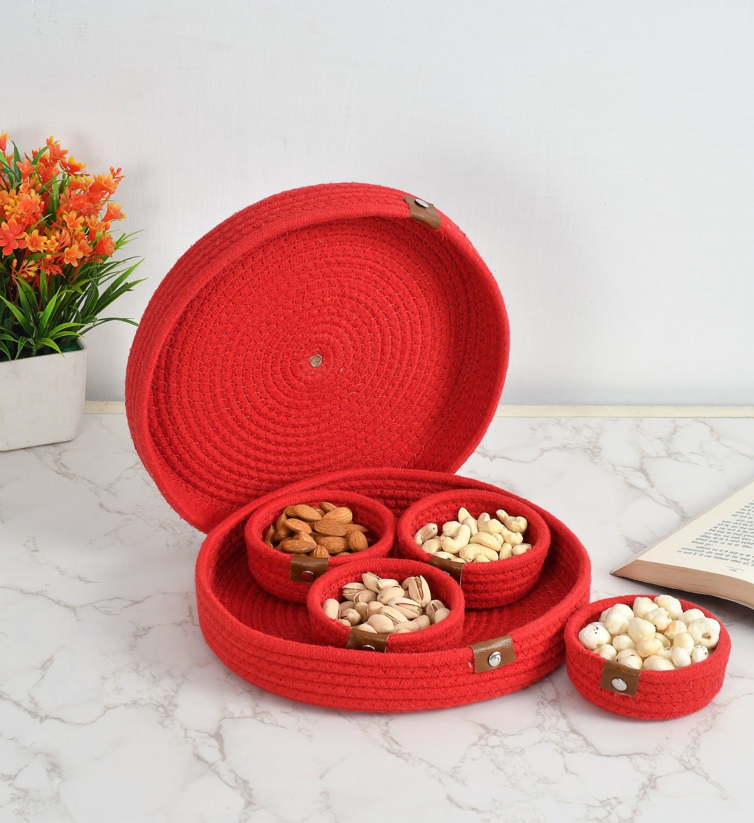Round Jute Dry Fruits Tray with 4 Bowls