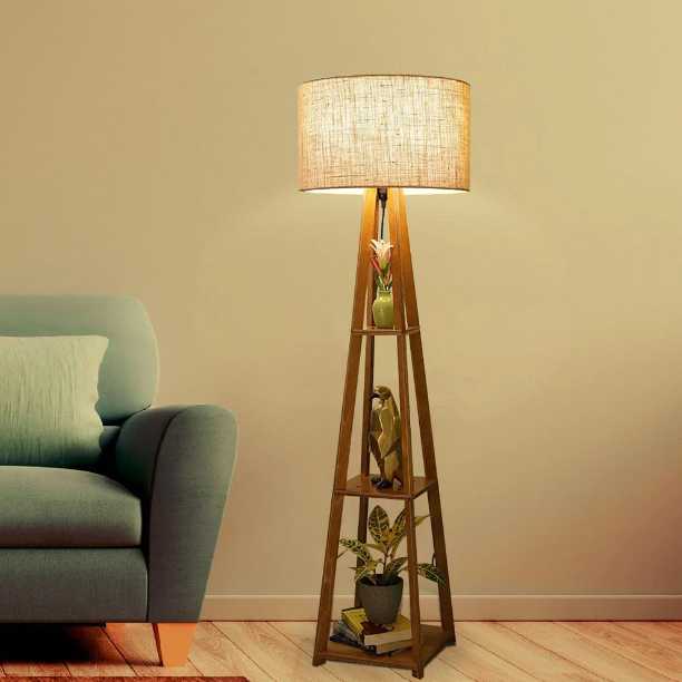 Wooden Floor Lamp with Shelf