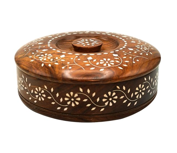 Sheesham Wood Round Spice Box with Lid | Engraved Design | Free Spoon