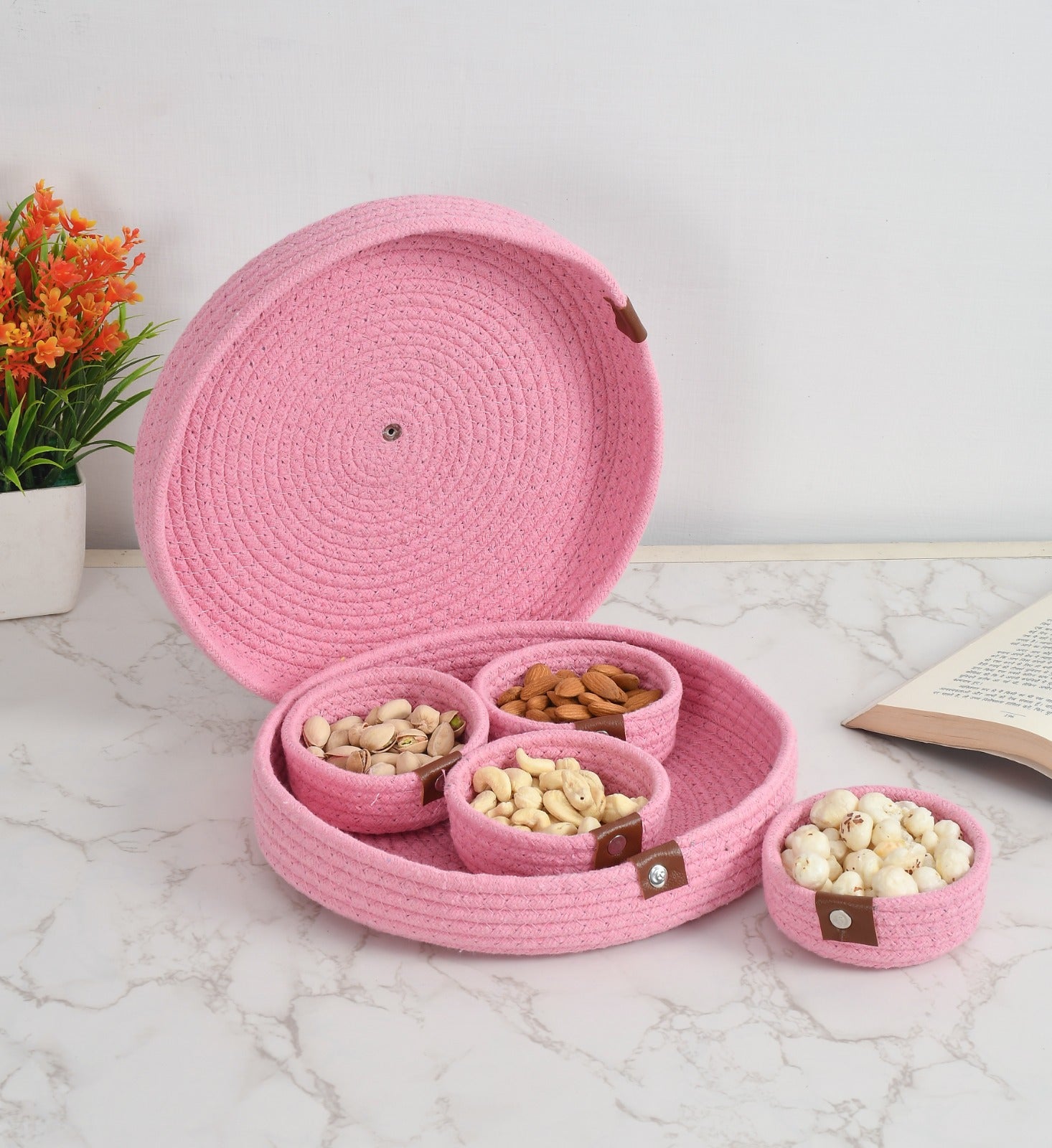 Round Jute Dry Fruits Tray with 4 Bowls