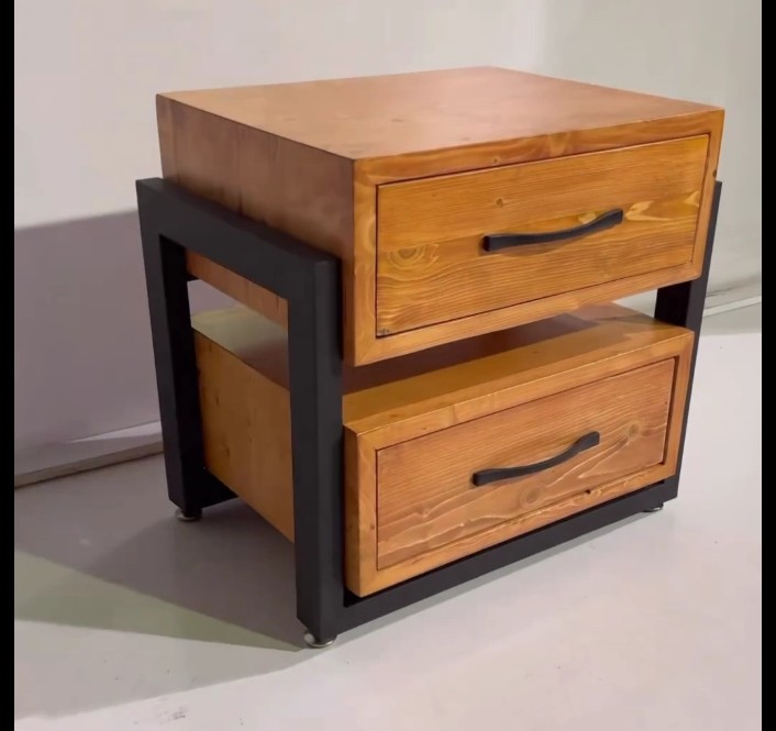 Wooden 2 Drawers Cabinet with Metal Sides