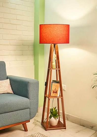 Wooden Floor Lamp with Shelf