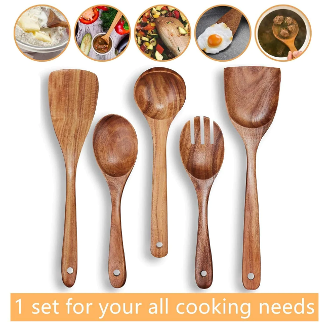 Sheesham Wood Non-Sticking Wooden Spoon Serving Set of 5