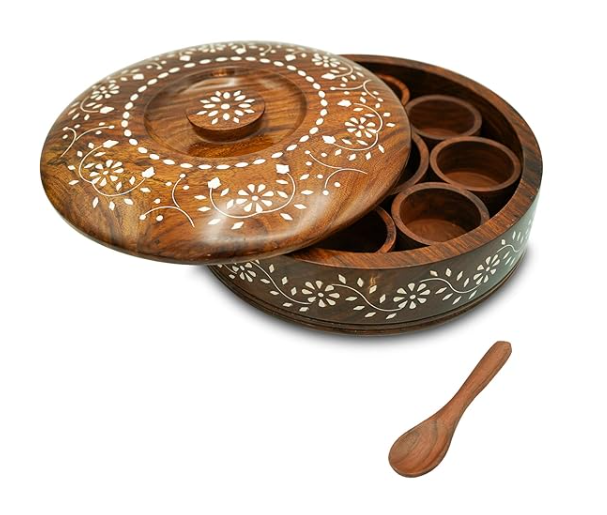 Sheesham Wood Round Spice Box with Lid | Engraved Design | Free Spoon